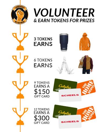 Laborers Rising Volunteer Prizes. This chart shows how many tokens are needed to earn prizes like $300 in gift cards by volunteering.